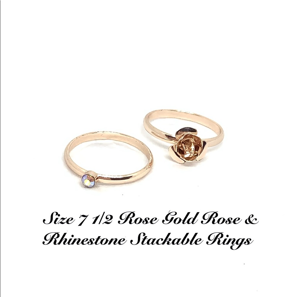 🆕Size 7 1/2 Rose Gold Rose & Rhinestone Stackable Rings